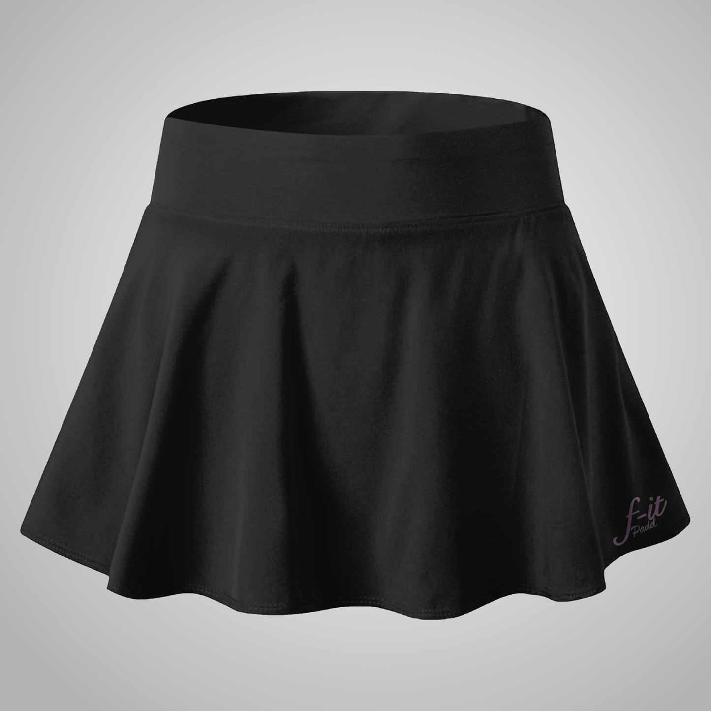 Black Padel skirt with 'fit' logo on a gray background