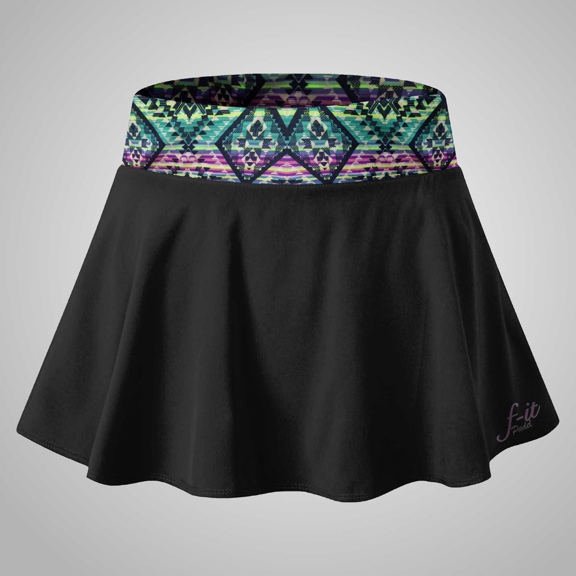 Black Padel skirt with a colorful geometric waistband on a gray background