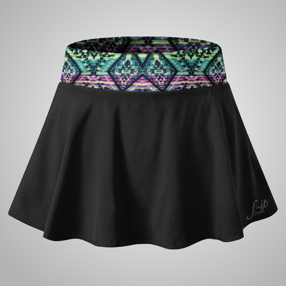 Black Padel skirt with a colorful geometric waistband on a gray background
