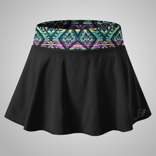 Black Padel skirt with a colorful geometric waistband on a gray background