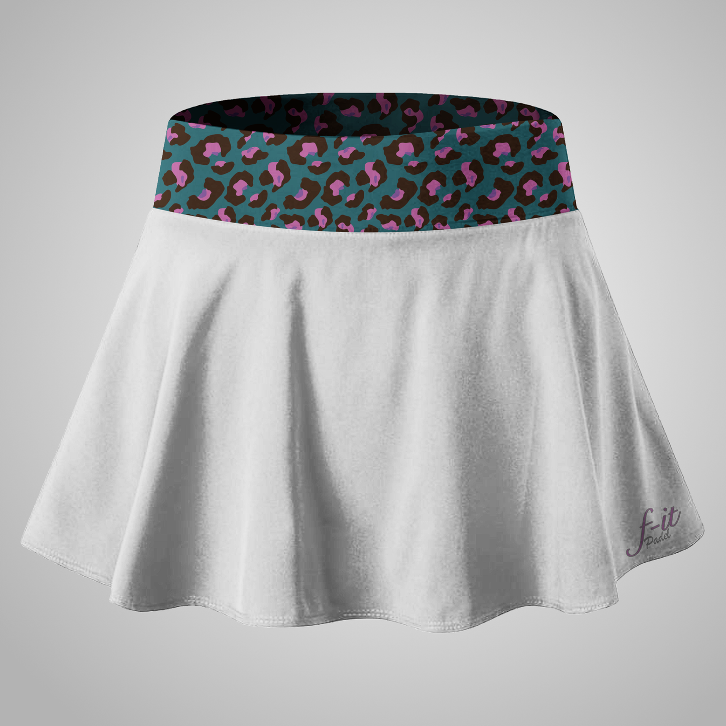 White Padel skirt with a colorful leopard print waistband on a gray background