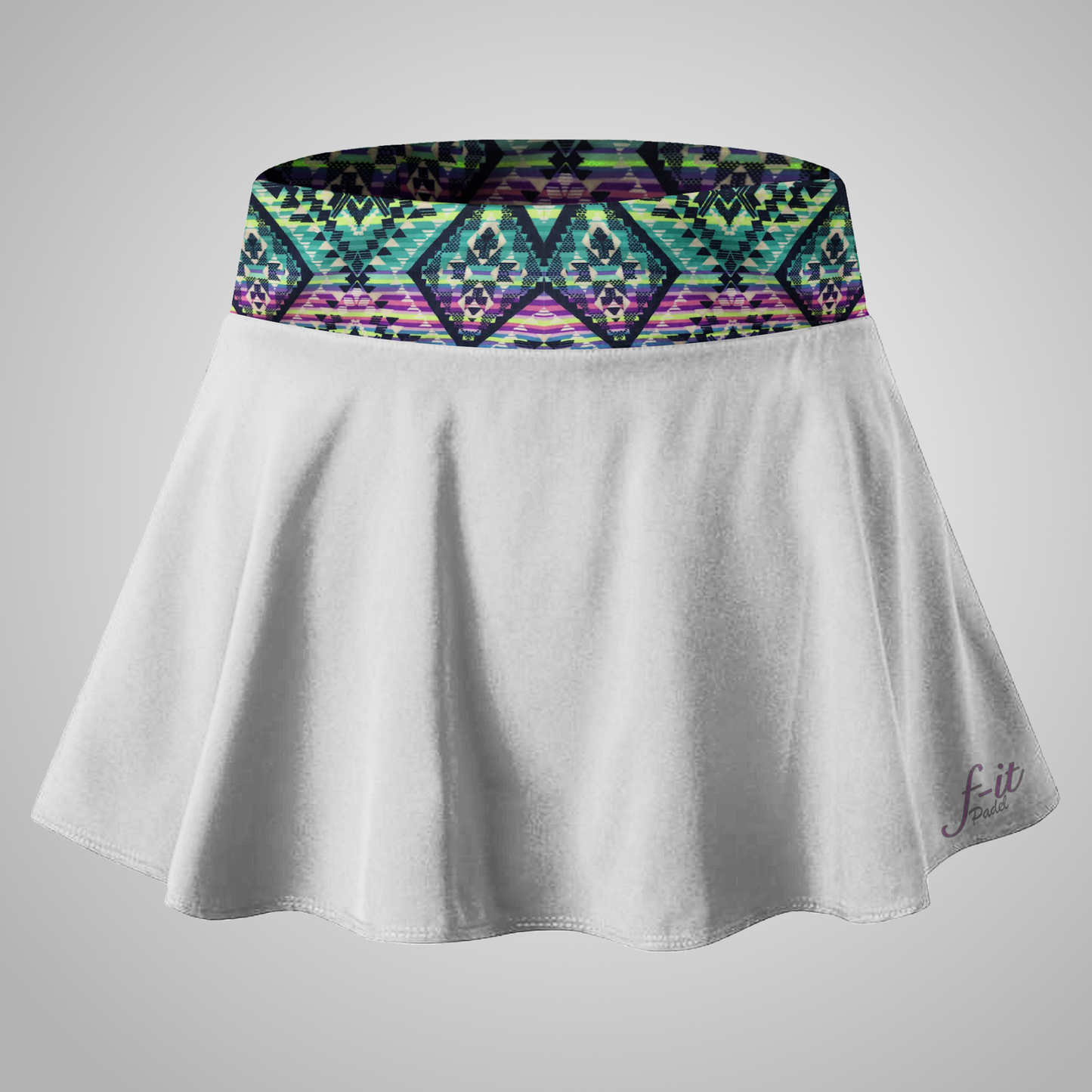 White padel skirt with a colorful band on a gray background